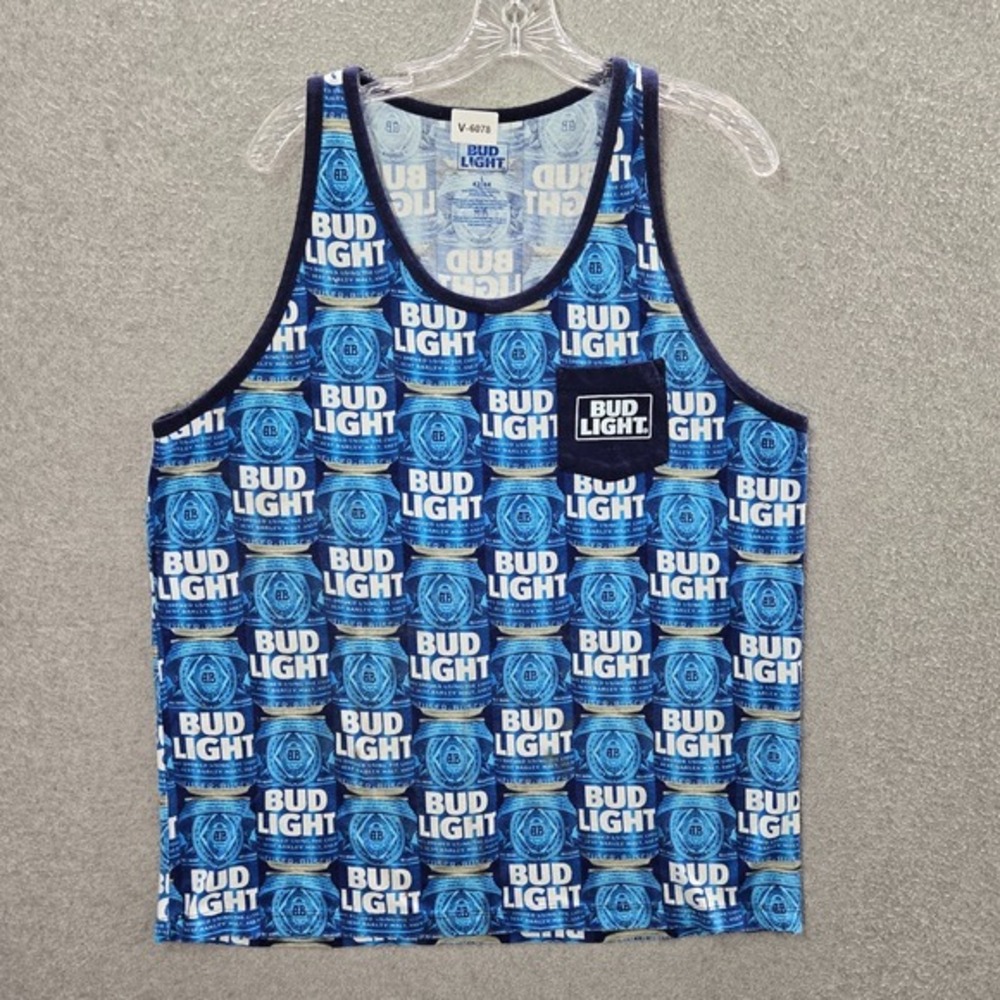 Bud Light Men Shirt Large Blue Tank Top Logo Allover Print Pockets‎ Sleeveless